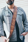 Guitar player modeling leather Sheridan Rose Extended Edition guitar strap