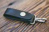 Black leather key fob with stainless steel spring clip