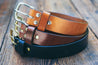 Handcrafted leather Legacy Belts in three colors: black, dark brown and saddle tan