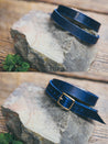 Front and back view of solid leather wrap bracelet in Midnight.