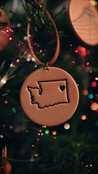 Decorative leather ornament embossed with Washington state outline and heart over Spokane on a Christmas tree with lights.