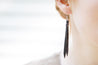 Espresso Braided Leather Fringe Earrings shown on model's ear