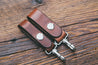 Mahogany leather key fobs with stainless steel spring clip, shown in two widths: 3/4" and 1"