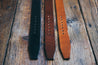 Leather Legacy Belt color swatches shown from left to right: black, dark brown and saddle tan 