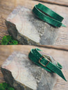 Front and back view of solid leather wrap bracelet in Emerald.