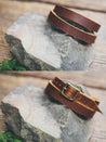 Front and back view of solid leather wrap bracelet in English Tan.